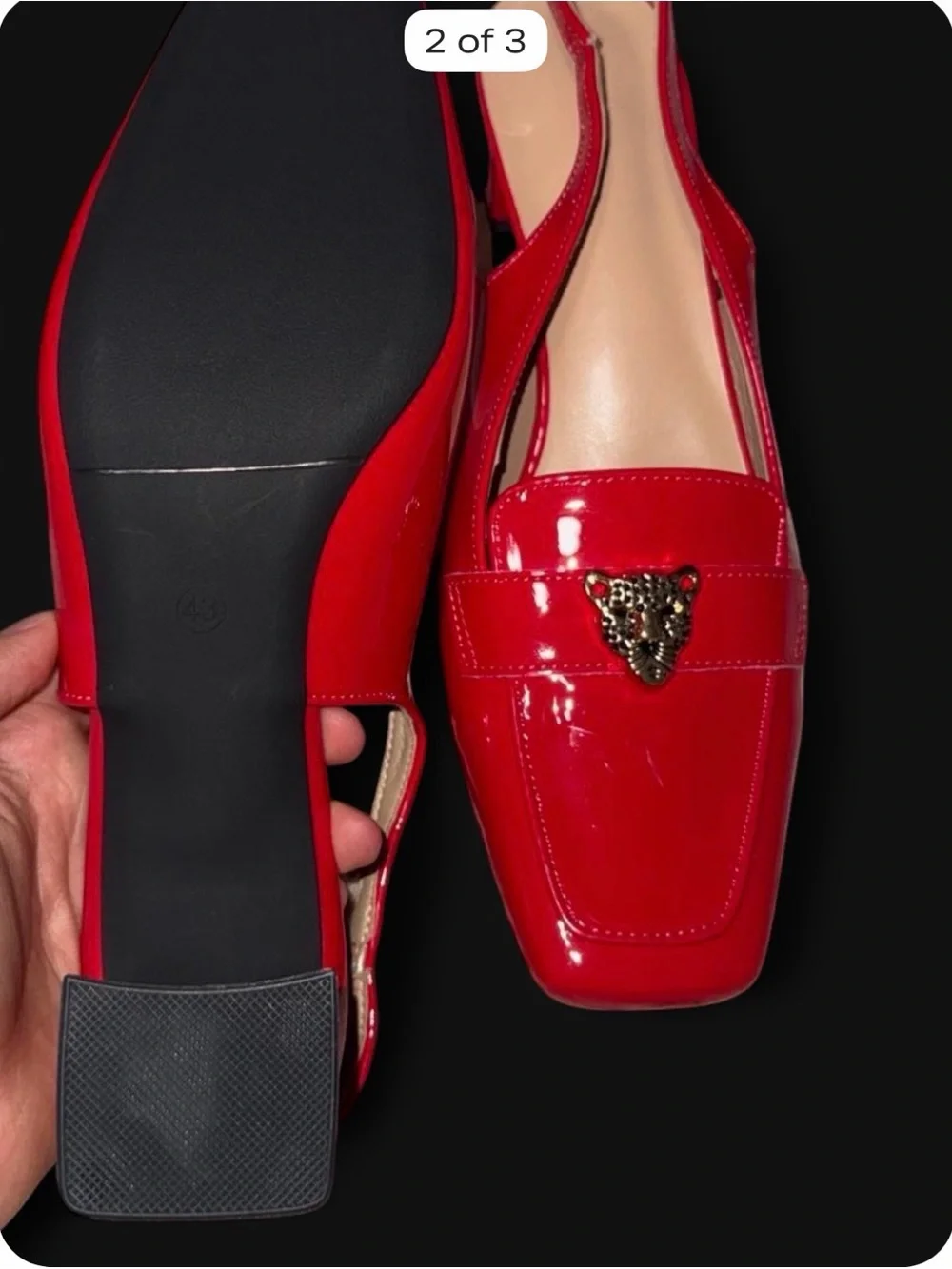 Red Patent Slingback Loafers with Decorative Crest